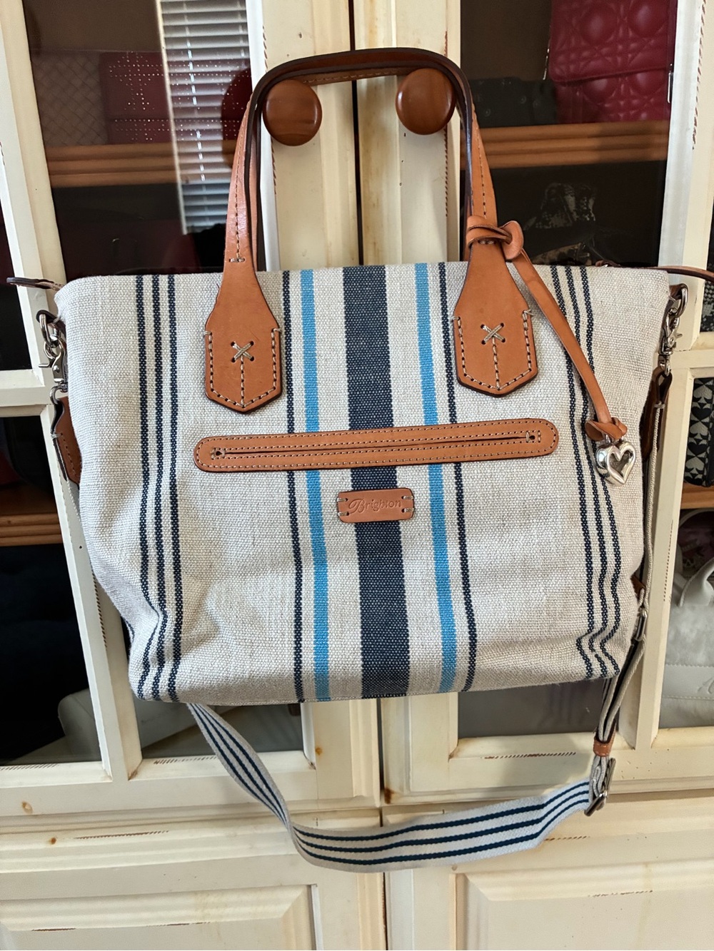 Brighton Cream Canvas Tote with Blue and Tan Leather Trim with pouch